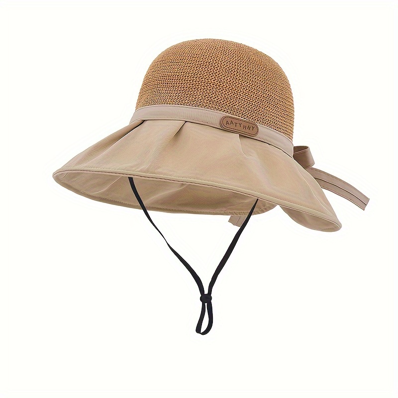 Bowknot Decor Sun Hat Wide Brim Breathable Sunshade Hats Summer Foldable  Casual Woven Hats For Women