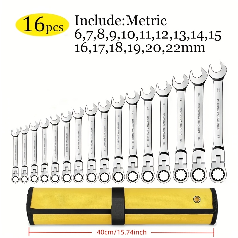 TEMU 180° Flex-head Ratcheting Wrench Set, 16pcs Metric 6-22mm, 72 Teeth, Steel, Ratchet Wrench Set With Organizer Bag