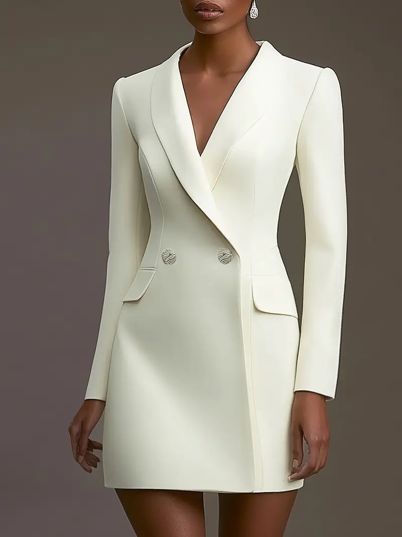 winter white womens dress suits MOJOGO Fashion Women's Suit Dress Solid Long Sleeve Collared Double Breasted Office Dress Fall Winter Dresses Midi Dress White 2XL