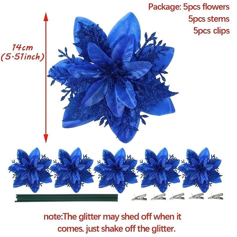 TEMU 15pcs (5 Flowers + 5 Clips + 5 Stems) Blue Artificial Christmas Poinsettia Flowers With Clips, 5.5 Inch Glitter Christmas Flowers. Xmas Tree