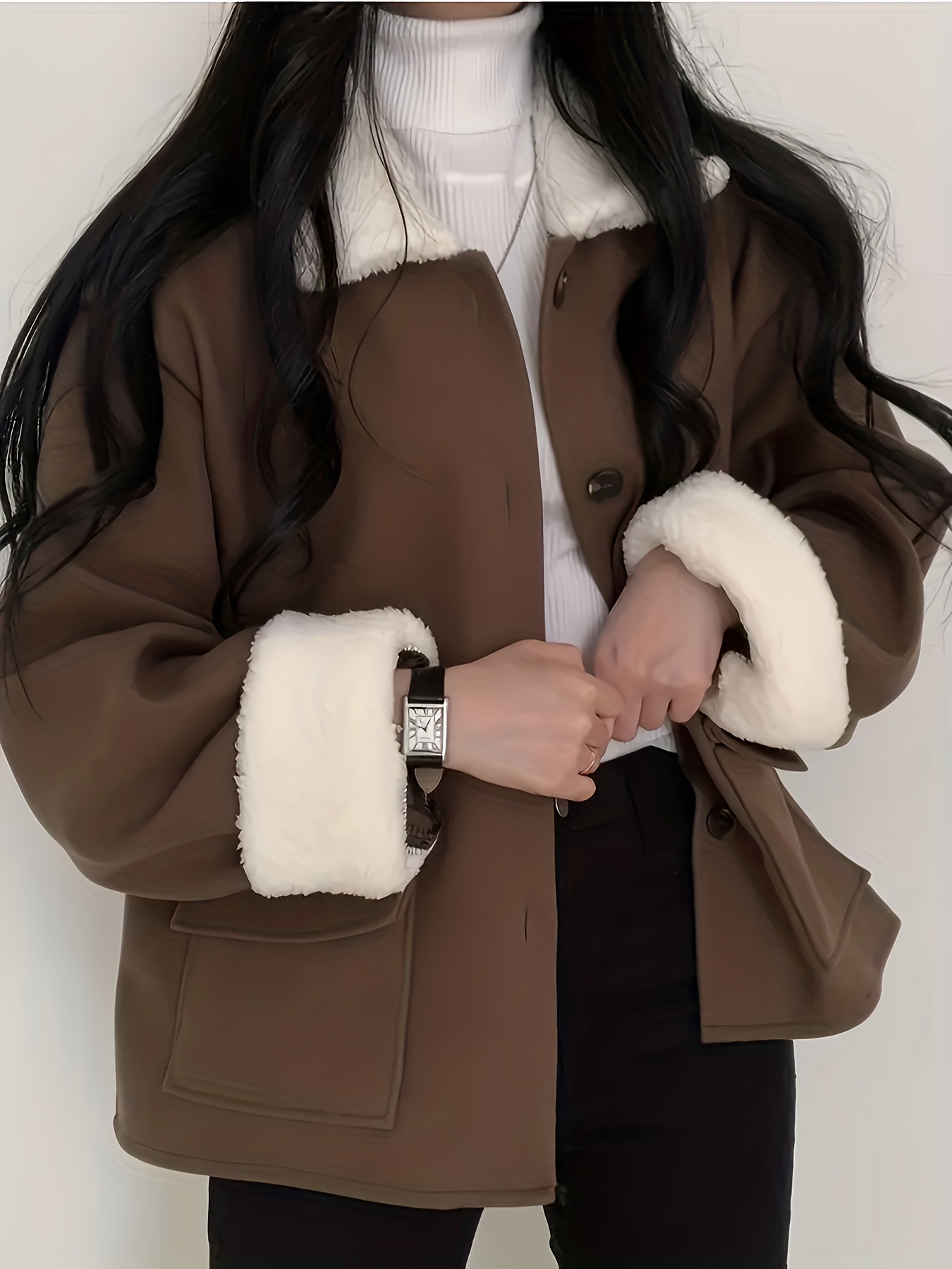 autumn   flap collar loose elegant jacket for petite women contrast color winter coat Product details 1