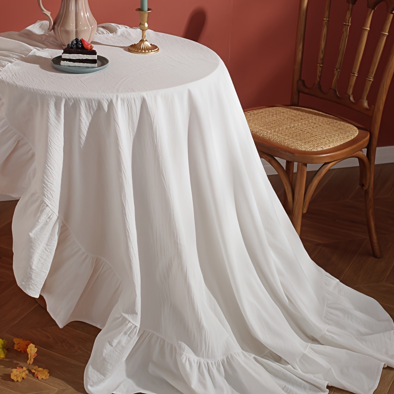 1pc white pleated edge round tablecloth 70 87 inch machine made wrinkle resistant fabric for kitchen dining room coffee shop bedroom decor durable table covering