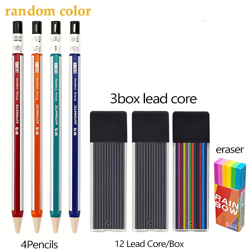 8pcs/set, Random 4-color Mechanical Pencils With 1 Eraser+3 Box-12 Colors Replaceable 2.0 Lead Wire Sketching Automatic Pencils Office Fine Writing Instruments