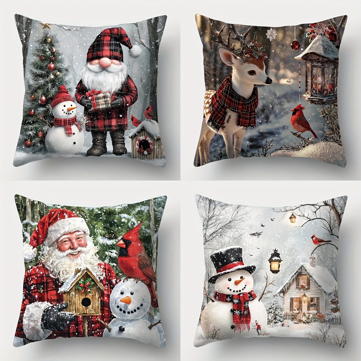 

4pcs Christmas Pillow Set 18x18 Inches, Polyester Decorative Pillowcase, Snowman, Santa Claus, Deer And Sparrow Pattern, Zipper Opening And Closing, Woven, Living Room Decoration - Pillow Not Included