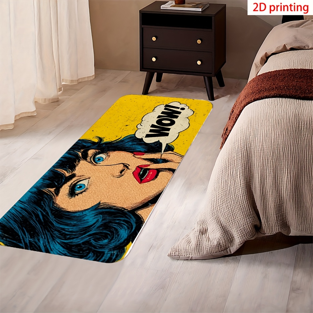 TEMU 1pc, Long Rug With 2d Printed Of A Woman With Blue Hair And Wow Speech Bubble On Distressed Yellow Background Thickened Ultra Soft Comfortable