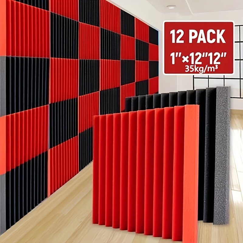 

12pcs 12*12*1 pouce 35kg/m³ Haute Ignifuge Triangulaire Rainure Absorption pour Bureau, 'Enregistrement, , Salle de Jeux, Mur, Modèles Noir et Rouge au Choix