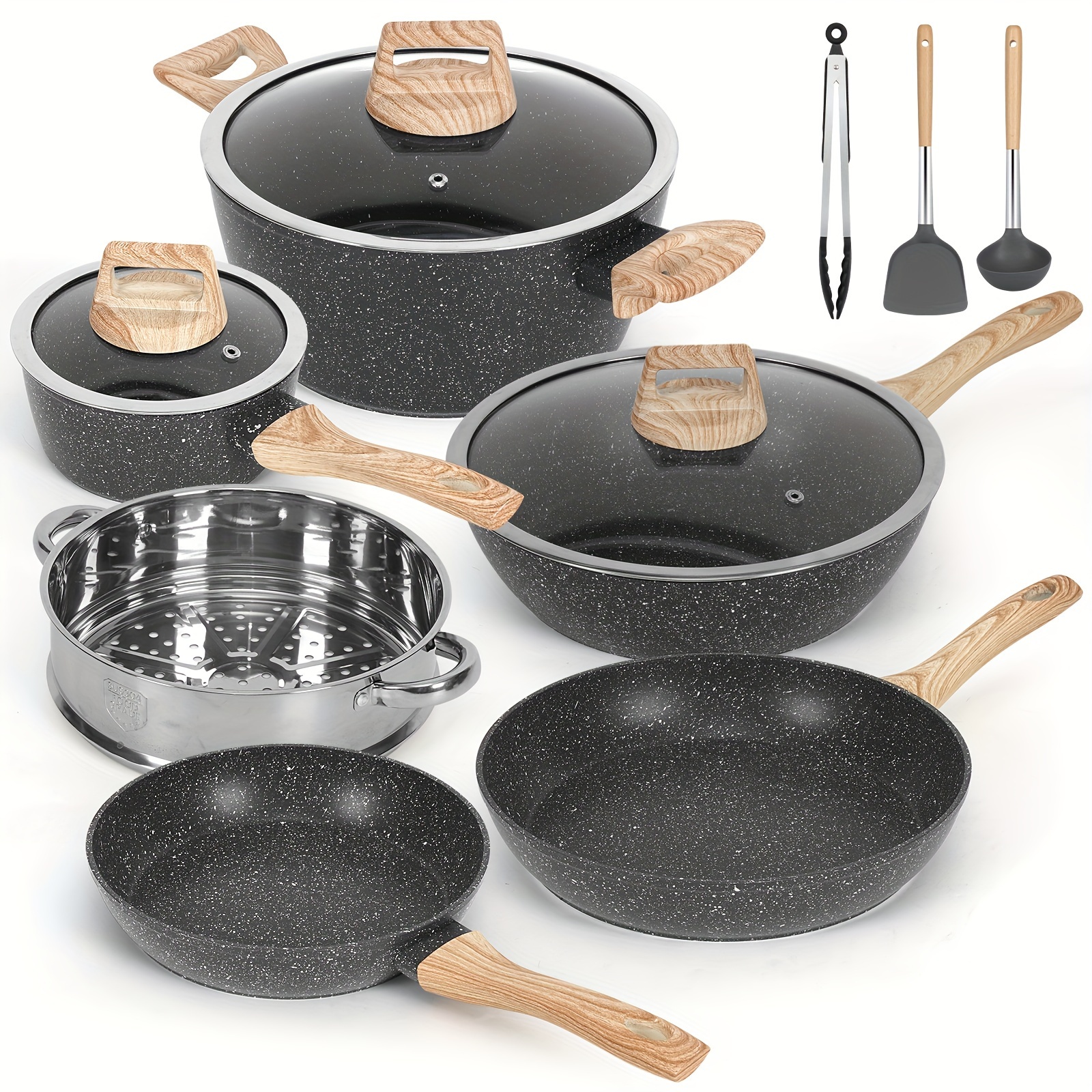 

12 And Pans Set, Cookware Set, Induction Cookware Cooking Set, Including Frying Pan, Pan, , Spatula And Tongs ()