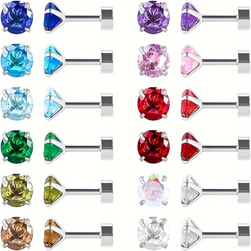 

A Set Of 12 Pairs Of Stainless Steel Earrings For Ladies, Screw Back Medical Stainless Steel Earrings, Heart-shaped, Star-shaped, Round, Square Crystal Zirconia Cz Birthstone Earrings