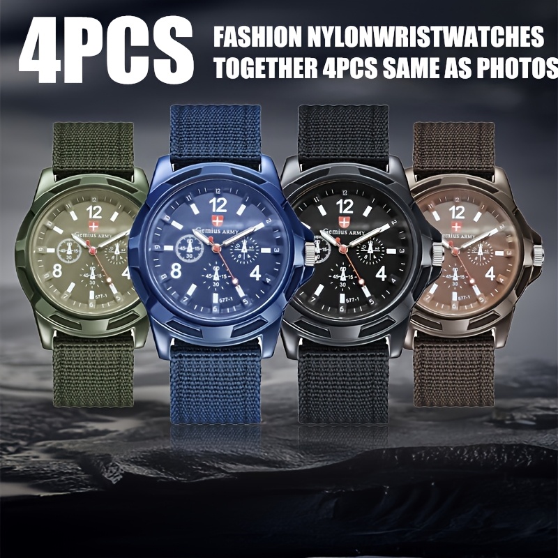 TEMU 4pcs/set Nylon Watches, Fashionable And Trendy Watch Combination, Green + Blue + Black+brown, Without Box Clocks