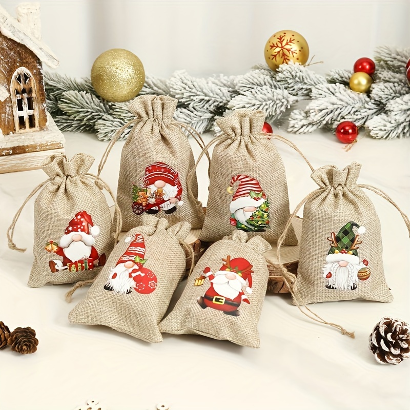 

6-pack Linen Drawstring Gift Bags With Christmas Gnomes, Burlap Party Favor Pouches For Candy, Cookies, Small Presents, Christmas & New Year Holiday Decorations