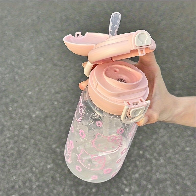 1pc Hello Kitty Plastic Water Bottle - Durable With Handle & Flip Straw. Cute Bow Print. Perfect For Camping, Sports, Iced Coffee & Summer Hydration
