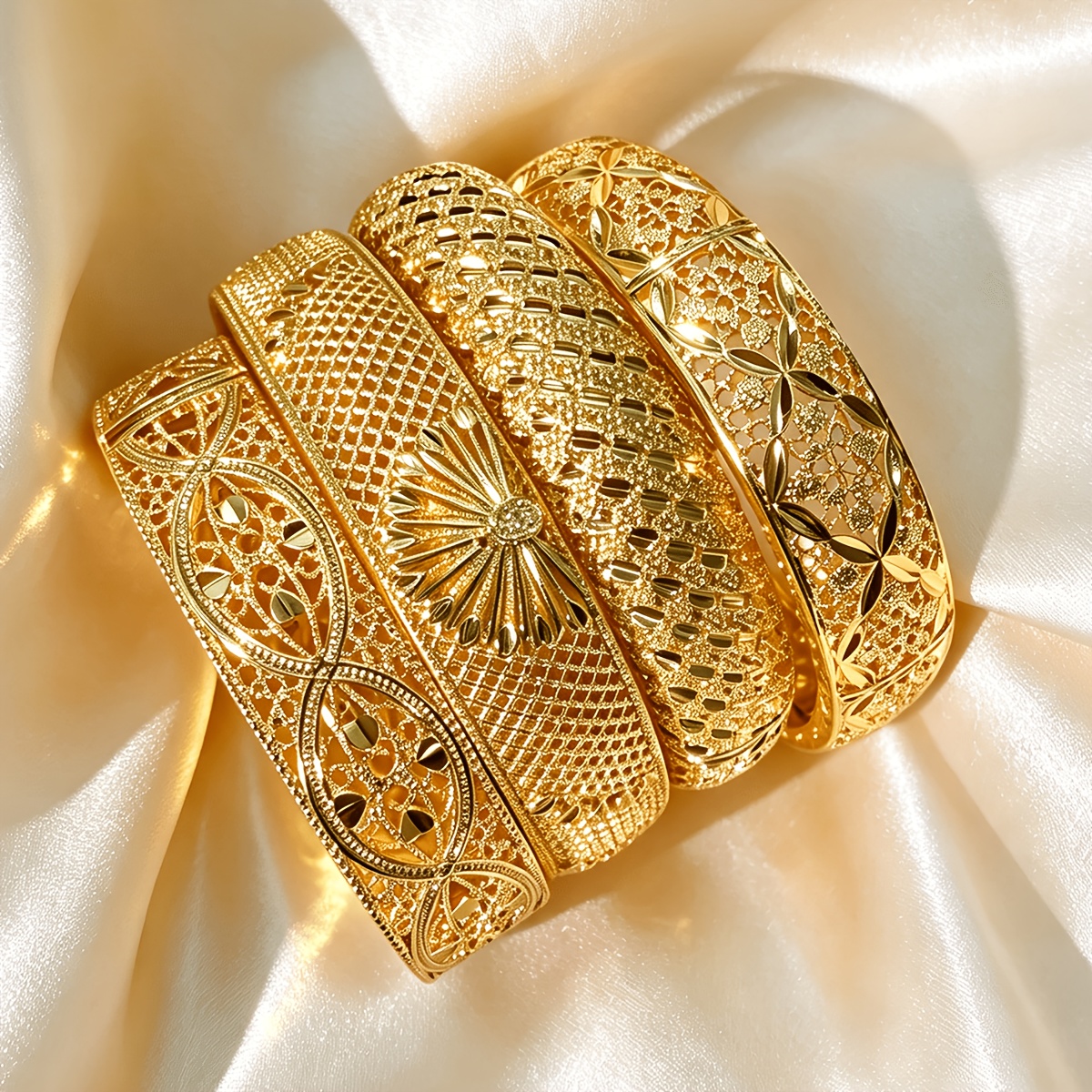 TEMU 4pcs Vintage Golden Hollow-out Lace Bracelet, Women's Style, Suitable For Ladies, Ideal For Bohemian Style, Weddings, And Daily Wear. Make A