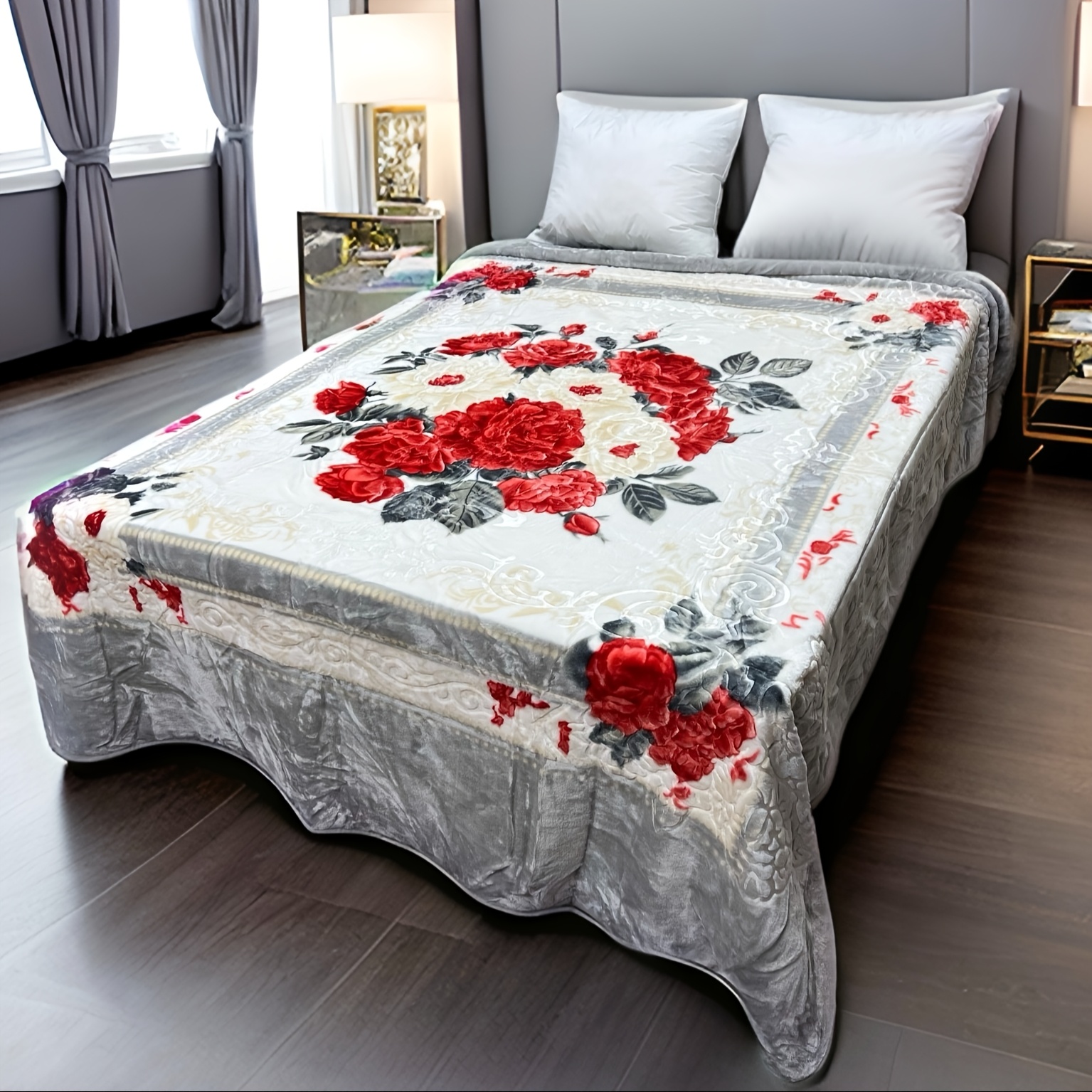   queen size floral embossed   blanket super soft plush   bedspread 83x94 inch red white flower print with   back machine washable no fade shrink 5lbs blanket for bed home decor     bedding decorative cover stylish bedrooms details 2