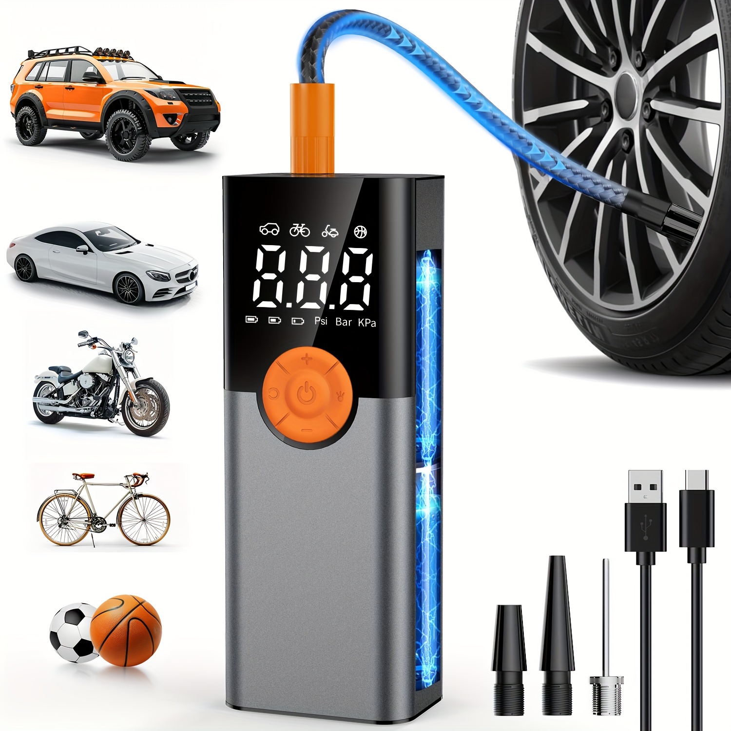 

Tire Inflator Portable Air Compressor With Digital Pressure Gauge, 12v Smart Air Pump For Car Tires, Motorcycle, Suv, Electric Bike, Bicycle, Battery & Led Light