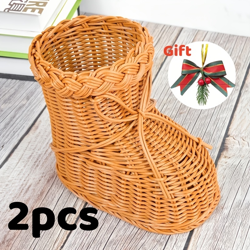 TEMU 2pcs (1pc Boot Basket And 1pc Bow Ornament) Christmas Shoe Basket, Decorative Shoe Basket - Holiday Decor Storage Box, Christmas Boot-inspired