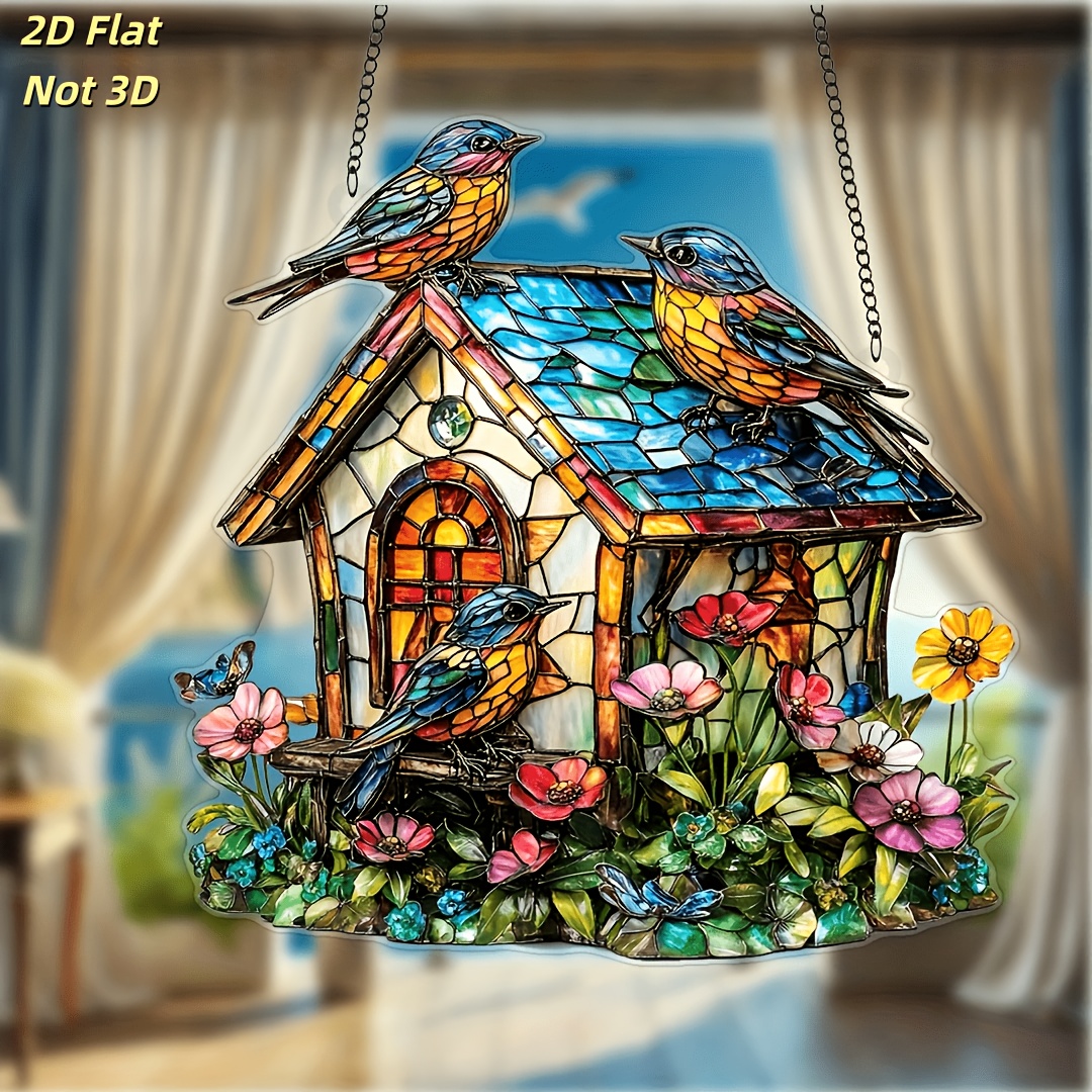 TEMU 2d Flat, 2d Flat Plane, 1pc 2d Flat Plane, Rustic Style Acrylic Birdhouse Suncatcher - Wall Hanging Decorative Plaque And Floral-themed Sign,