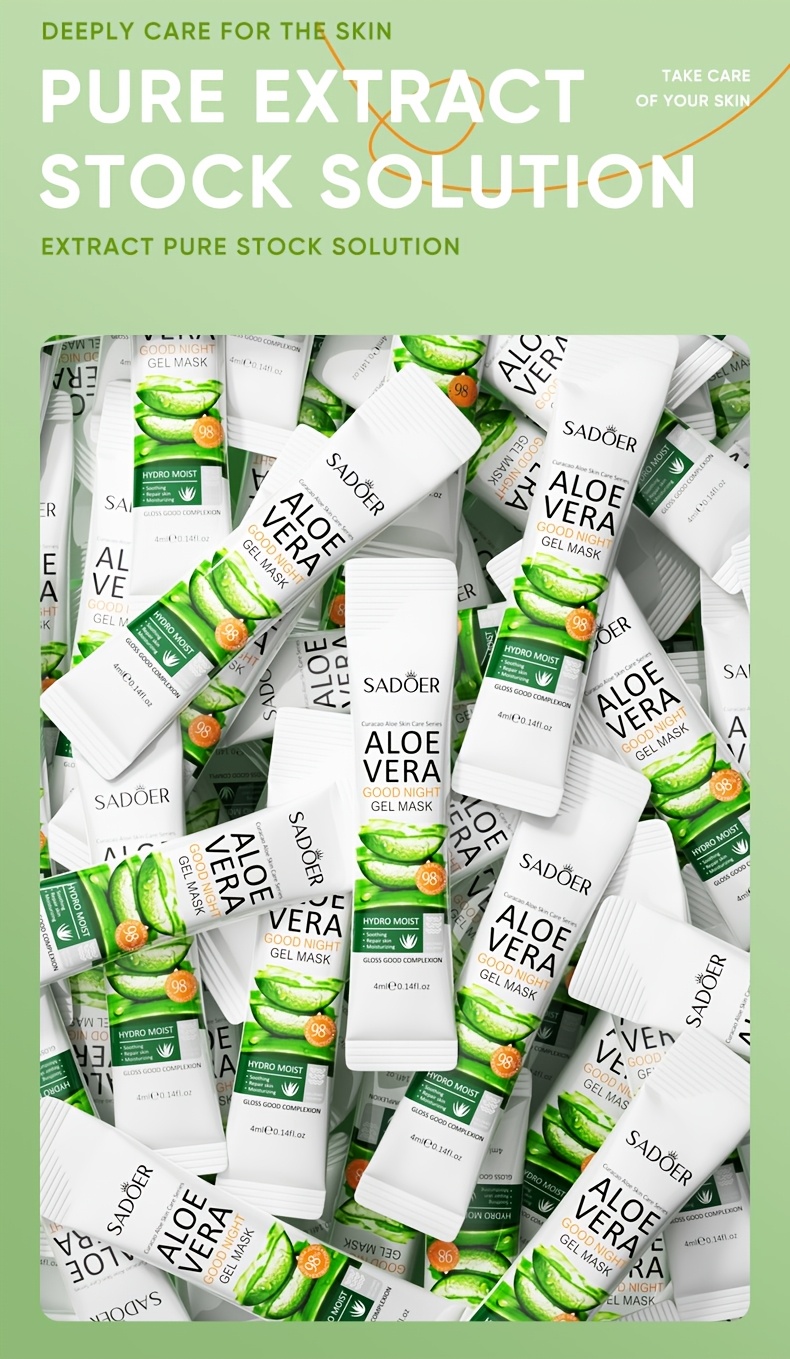 SADOER 20pcs Aloe Goodnight Gel Mask, Sleep Mask, Containing Aloe Vera Extract, Designed for Facial Care, Hydration, Brighten, Moisturizing. No-rinse, Small Strip Packaging. Gentle and Non-irritating, It Serves as an Ideal Travel Companion, Skincare