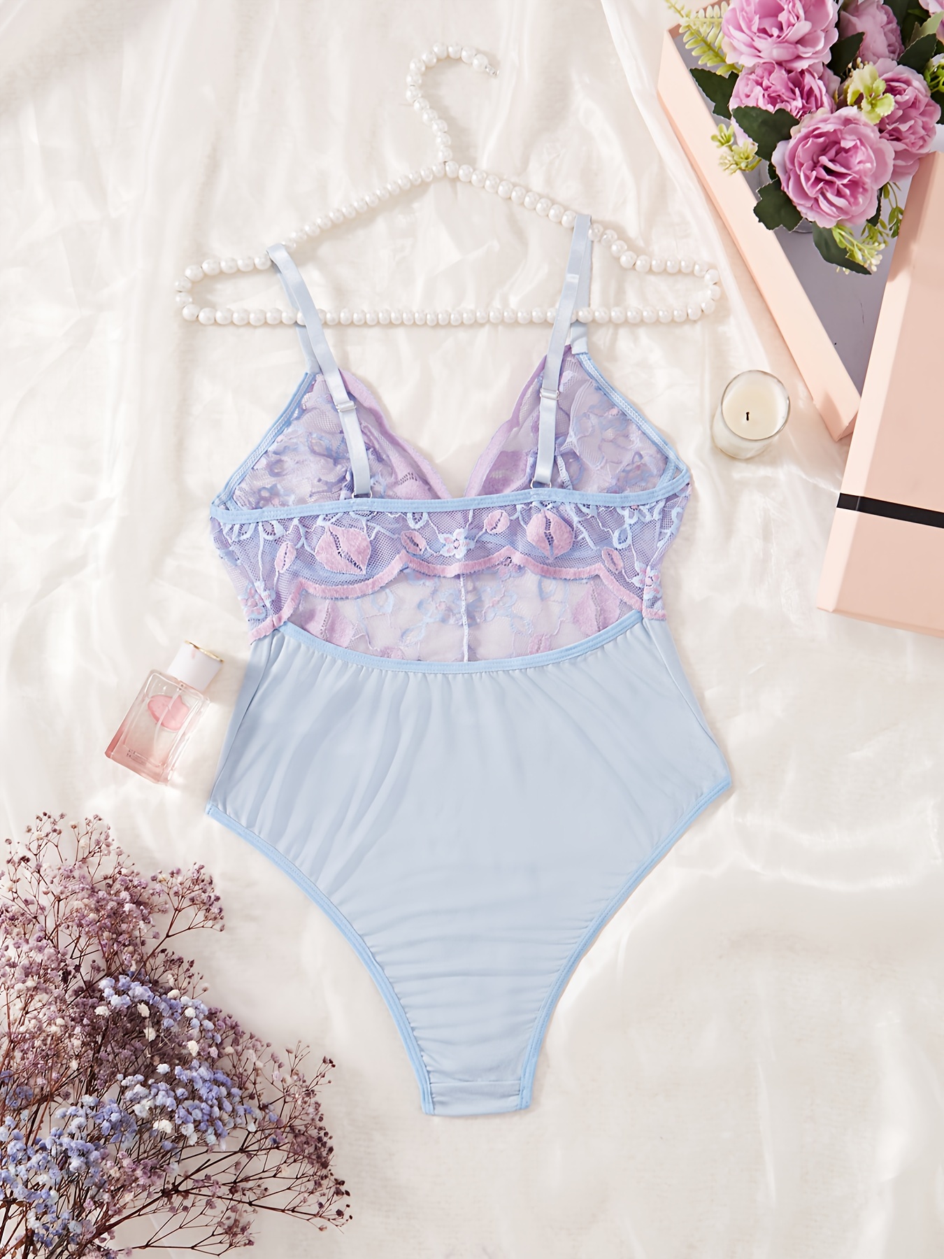 Body con espalda y tirantes con estampado de flores bordado de malla  profundo, lencería Sexy para mujer