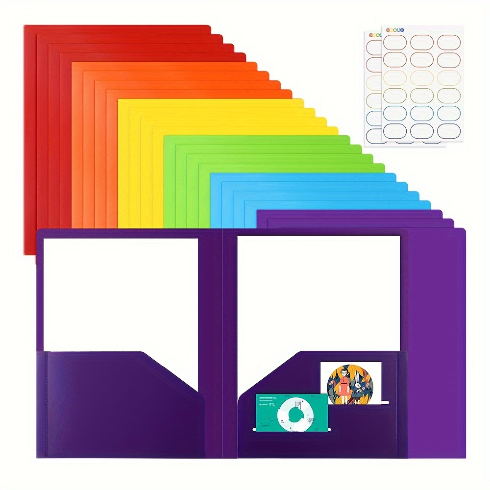 

24 Pack Heavy-duty Pocket Folders In 6 Colors With Labels,, Plastic Pocket Folders, 2 Pocket Folders , 6 Colors, A4 Size, For Office, 9.4x 11.6 Inches