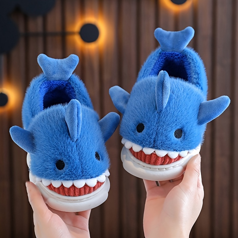 

Cute Cartoon Shark Soft Plush Cozy House Slippers For Boys, Anti-slip Slip-on Shoes For Indoor Home, Autumn And Winter