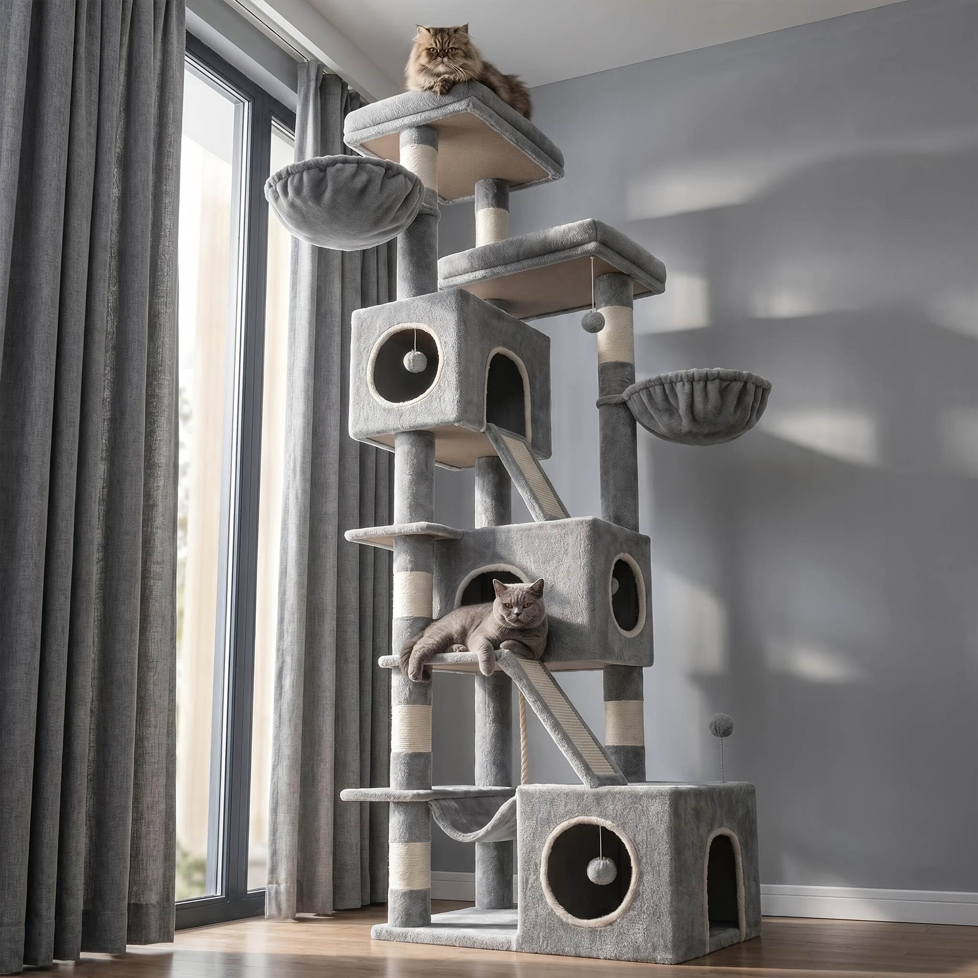 TEMU : 71×49×210 cm, Árbol para gatos gigante | rascadores + 3 agujeros, Hogar de lujo para Maine Coon, Tablero rascador , Diseño de mueble elegante