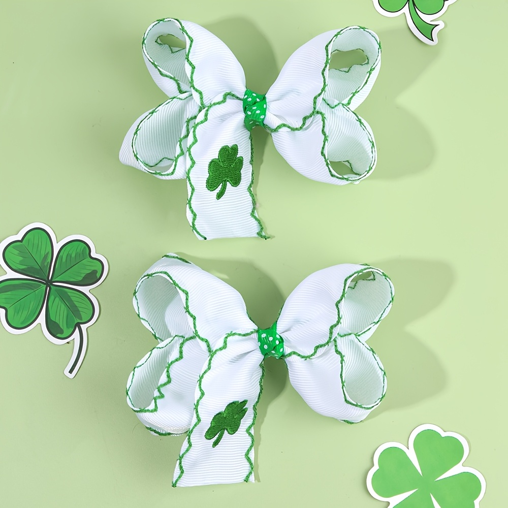 

2pcs Elegant Shamrock Embroidery Ribbon Hair Clips For Girls - Non-slip, Bow Barrettes, Ideal For 's Day, Birthdays & Outdoor Activities, Hair Accessories For Girls