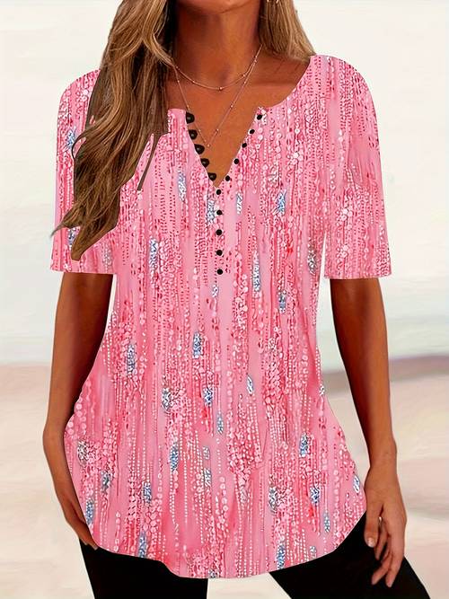 plus size womens floral print v neck button front t shirt casual short sleeve summer top with buttons machine washable breathable for spring fashion gradient design printed blouse seasonal clothing durable material trendy outfits