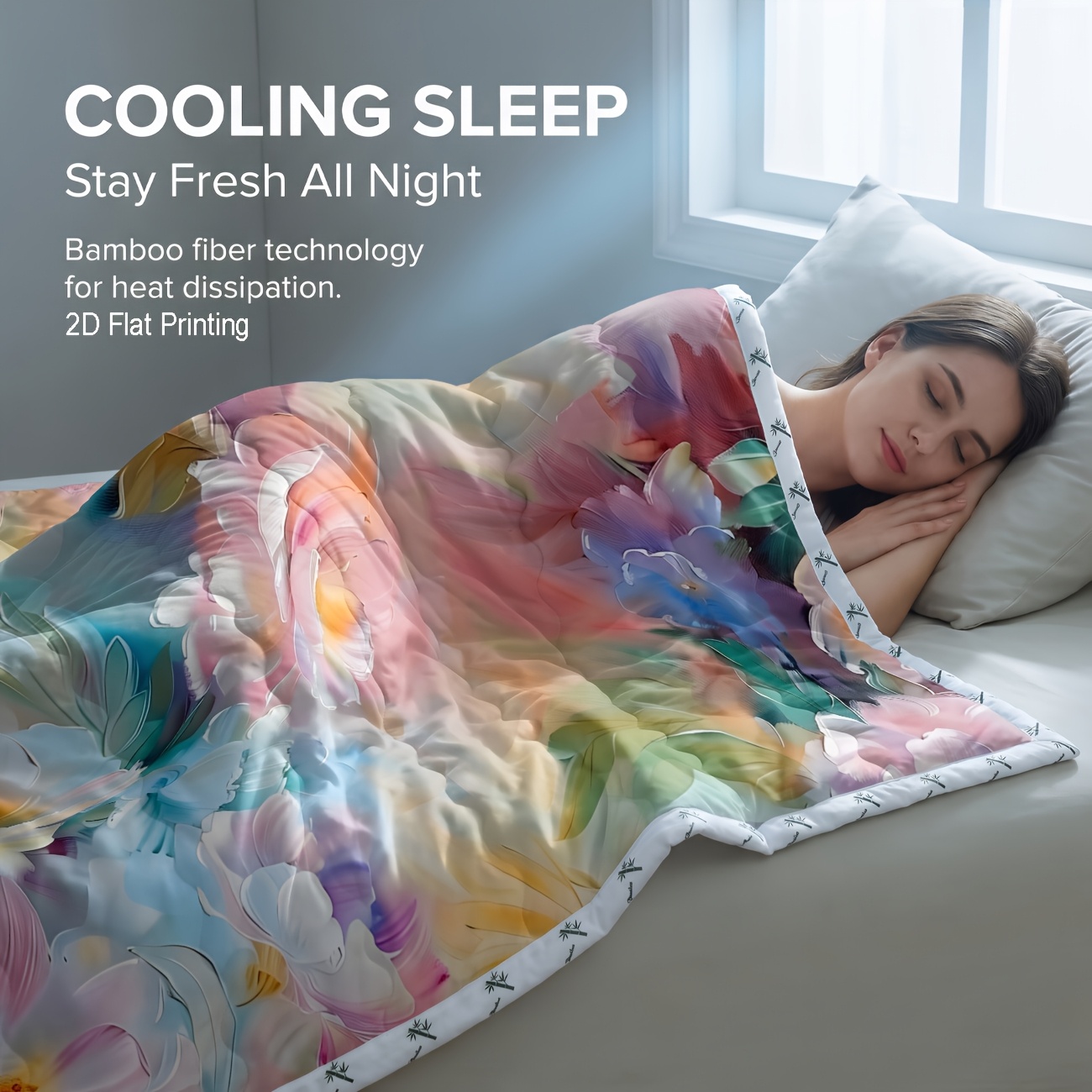 TEMU 1pc Bamboo Reversible Cooling & Warm Summer Comforter, Floral Summer Bedding, Switchable , Lightweight Breathable, , Machine Washable, For