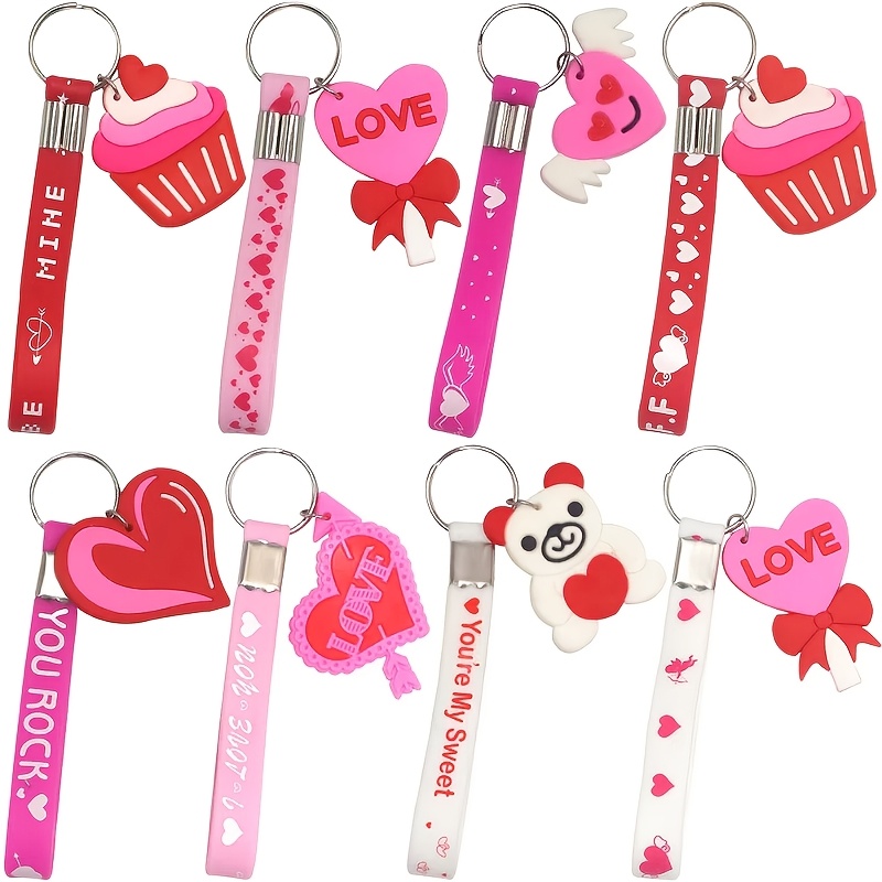 

8pcs Silicone Keychain Set With Heart-shaped Pendants, A Valentine's Day Gift.