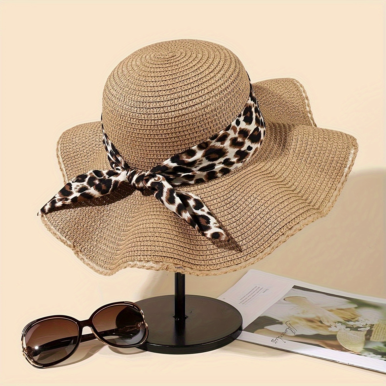 E-shop Damen Leopardenmuster Schleifen Dekoration Boho Mode Beige Netzrand Sonnenschutz Strohhut Zum Ausgehen Und Spielen, Strandurlaub Kleidung,