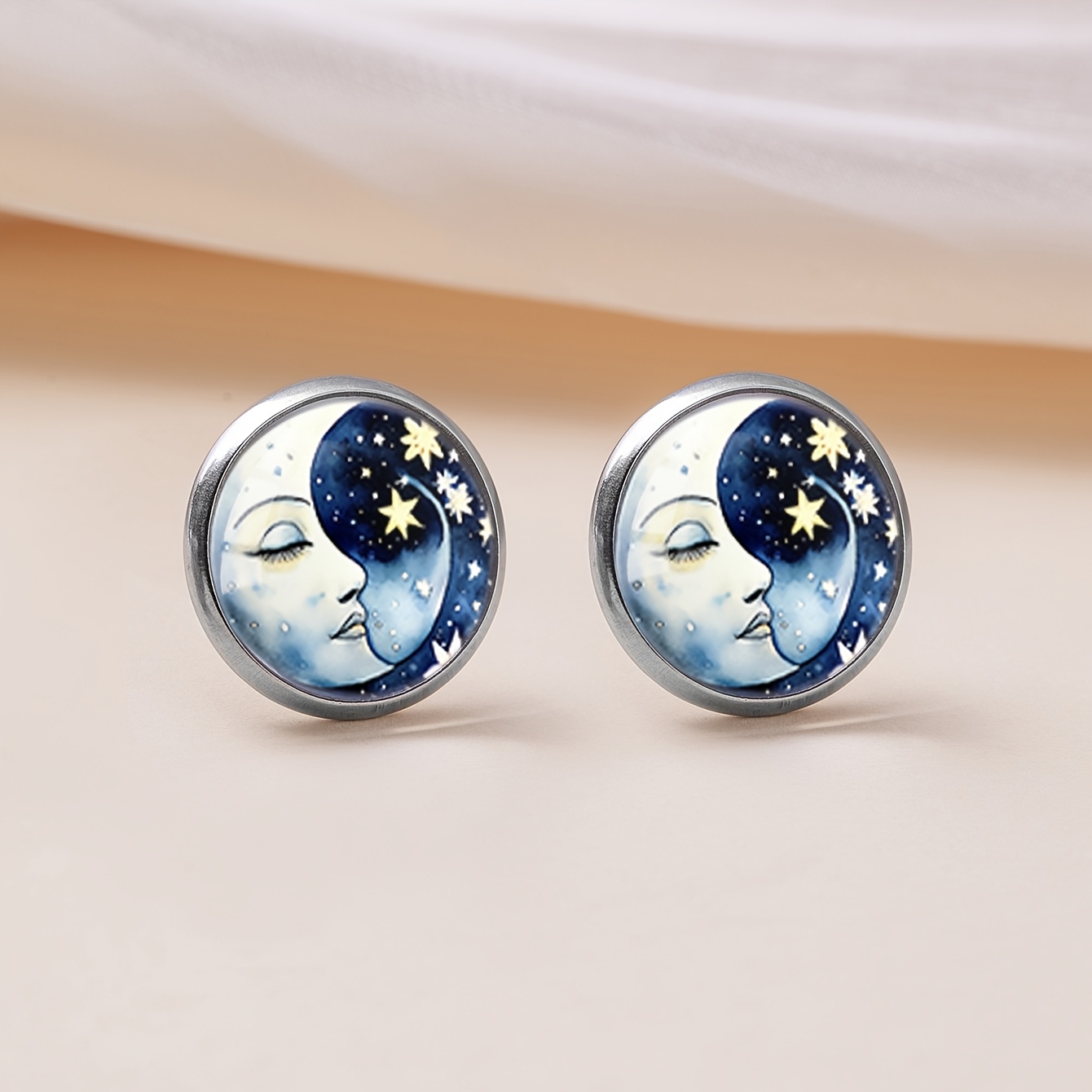 Dreamy Moon Face and Star Pattern Stud Earrings