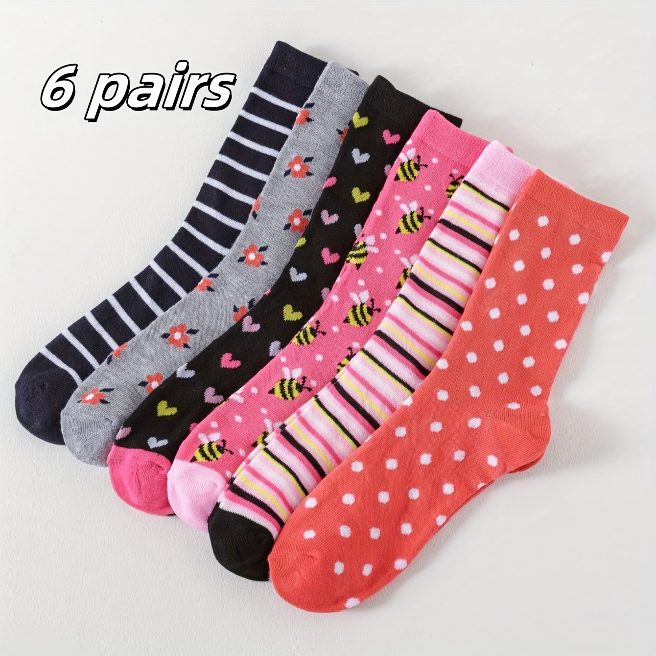 6 Pairs/sets Of Women's Fashion Style Bee Pattern Striped Polka Dot Mid-tube Socks