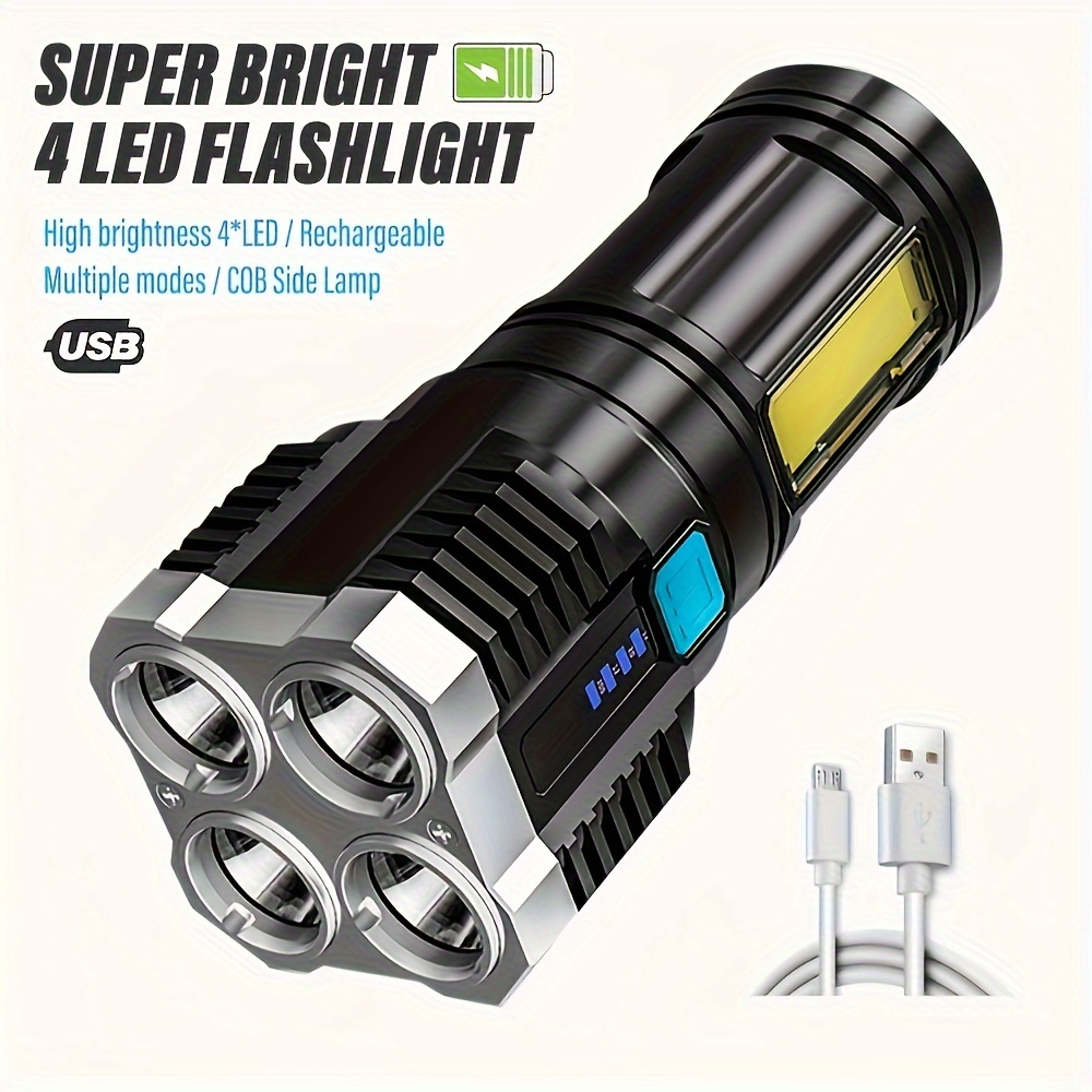 

4 Led High Power Flashlight, Rechargeable Camping With 4 Led Wicks And Cob Side Lamp, Battery Operated (), 400mah Lithium Battery, Waterproof, For Hiking, Outdoor, Home Improvement - Handheld