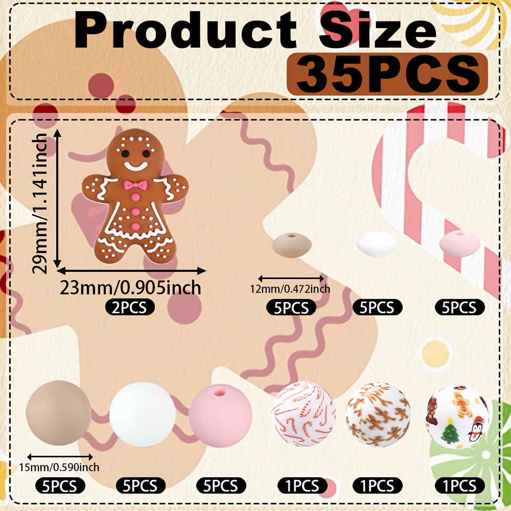 TEMU 35pcs 3d Gingerbread Silicone Beads Set, Pink Gingerbread Beads Suitable For Jewelry Making, Christmas Themed Decoration Beads, 15mm Christmas