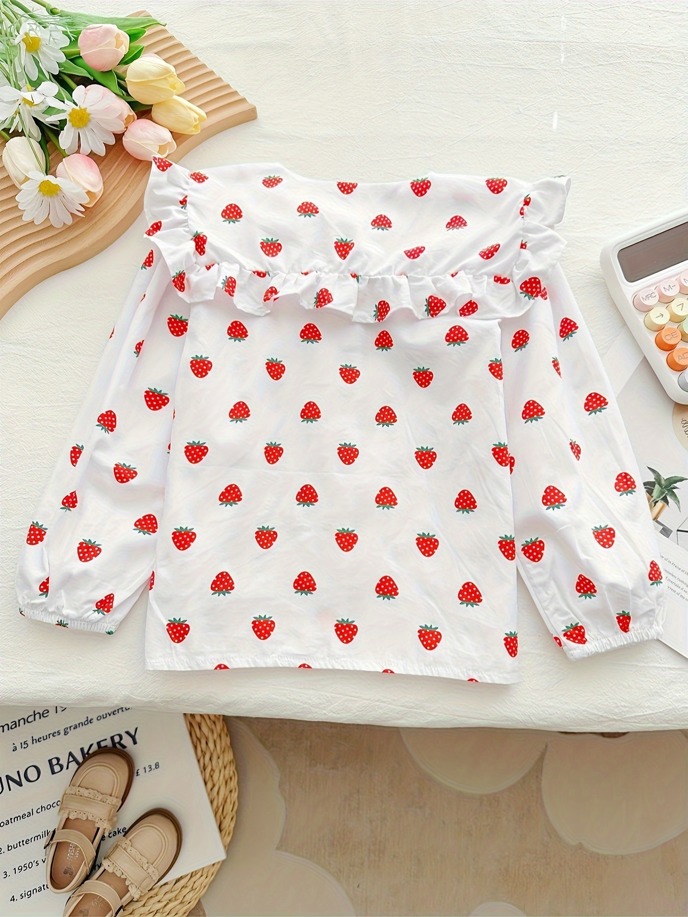 Sweet Girls Ruffle Turn Blouse Strawberry Full Print Long - Temu