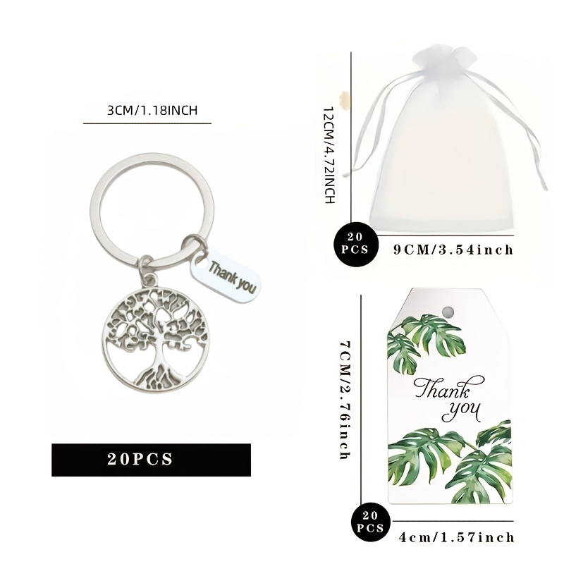 TEMU 60pcs, Tree Of Life Keychain Gift Set 20pcs, Including 20 Green Leaf Thank You Cards, 20pcs White Organza Bags, And 20pcs Hollow Metal Keychains