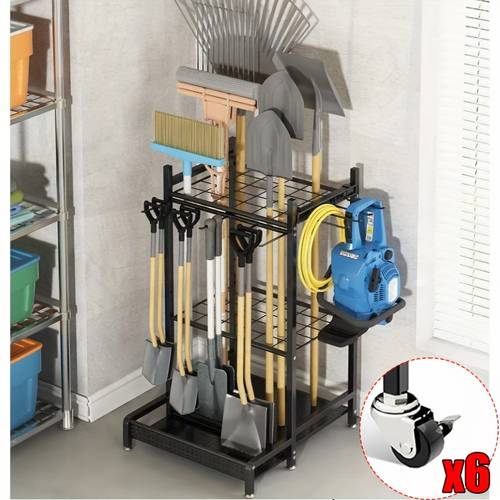 garden tool organizer with wheels yard rack for garage organization and storage long handled tools rakes brooms heavy duty steel garden tool stand for shed outdoor