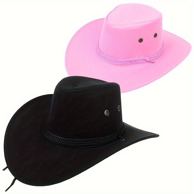 2pcs Western Cowgirl Cowboy Hat Solid Color Unisex Jazz Fedoras Classic Wide Brim Sunscreen Fedora Hats For Women Men