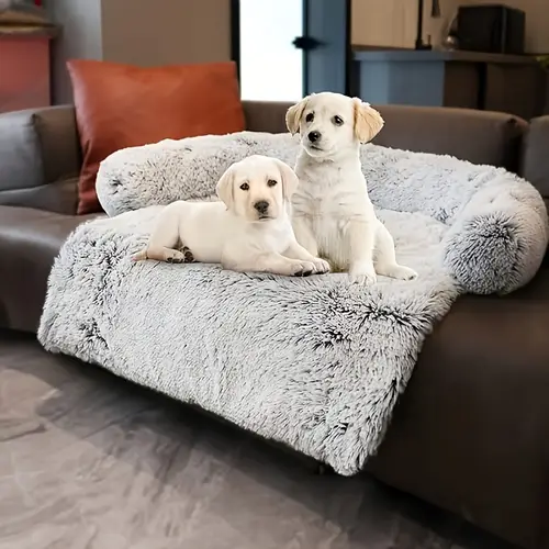 calming dog bed fluffy plush sofa cushion with washable cover bottom anti slip base for large medium small dogs and cats light gray and dark gray sizes