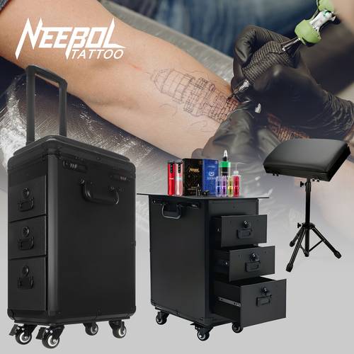 tattoo travel case for tattoo machine supply equipment tattoo table workstation with tattoo armrest tray trolley tattoo organizers storage rolling cosmetic makeup train case large capacity for body art and gift
