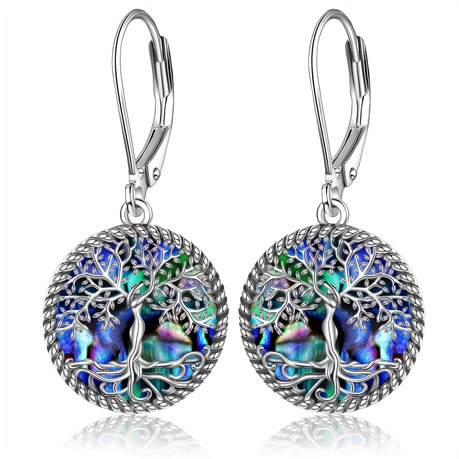 TEMU 925 Sterling Silvery Tree Of Life Earrings, Sterling Silvery Tree Of Life Abalone Shell Pendant Earrings, Women's Tree Of Life Ornaments, The 's