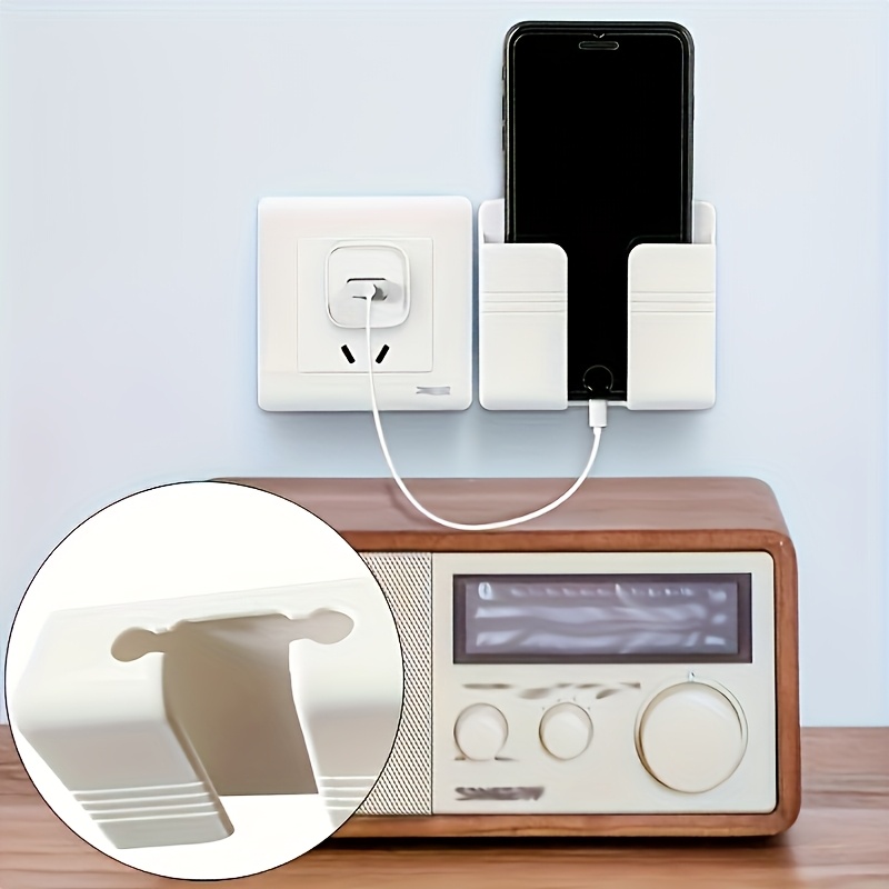 1pc Wall Mounted Phone Holder, Adhesive PC Material, No Hole, Remote Control Storage, Made of Other Plastic, with Smart Phone Charging Station, for Bathroom, Kitchen, Hotel Bedhead