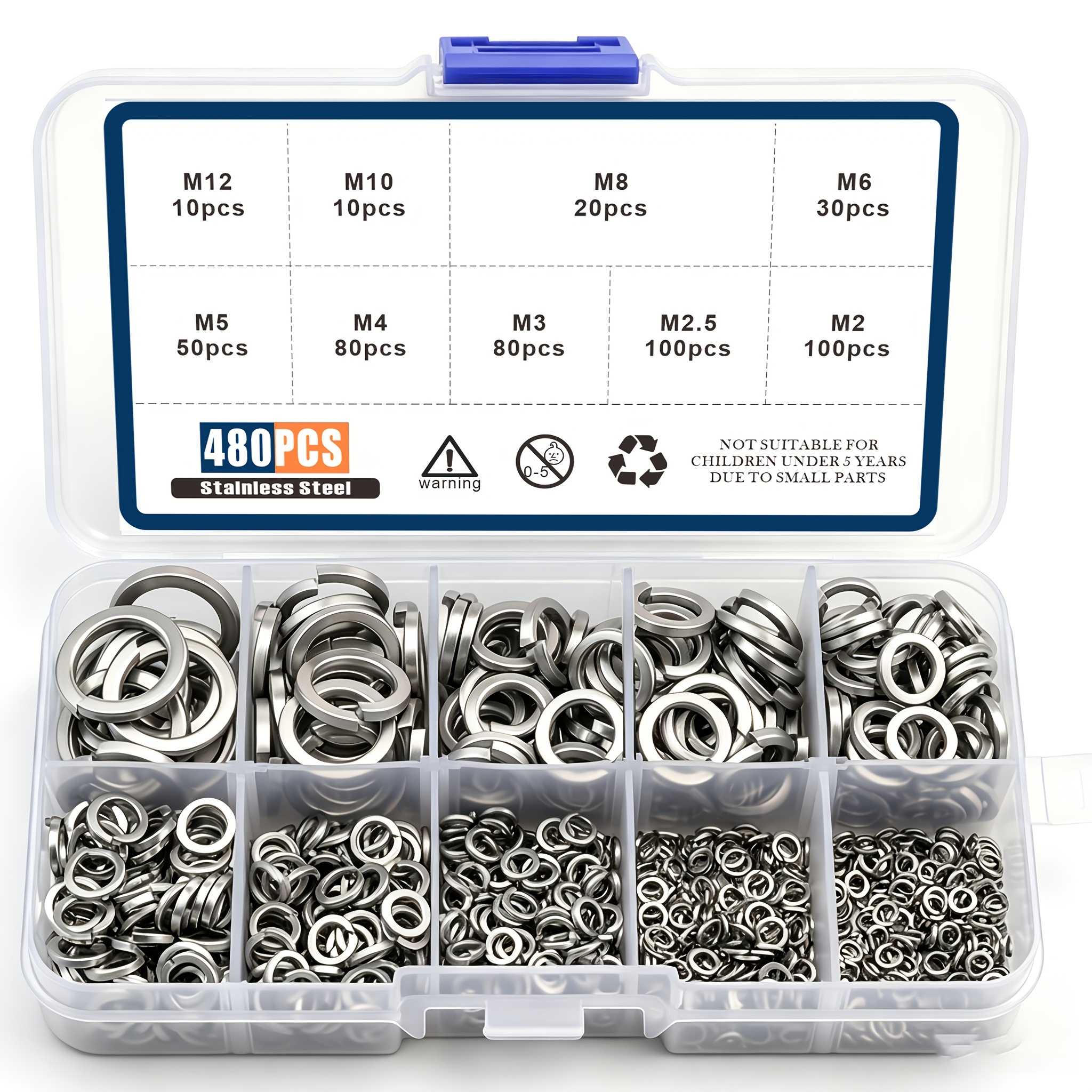 TEMU Kit d'assortiment de rondelles de serrage en acier inoxydable, 480 pièces, M2 M2.5 M3 M4 M5 M6 M8 M10 M12, rondelles élastiques à ressort,