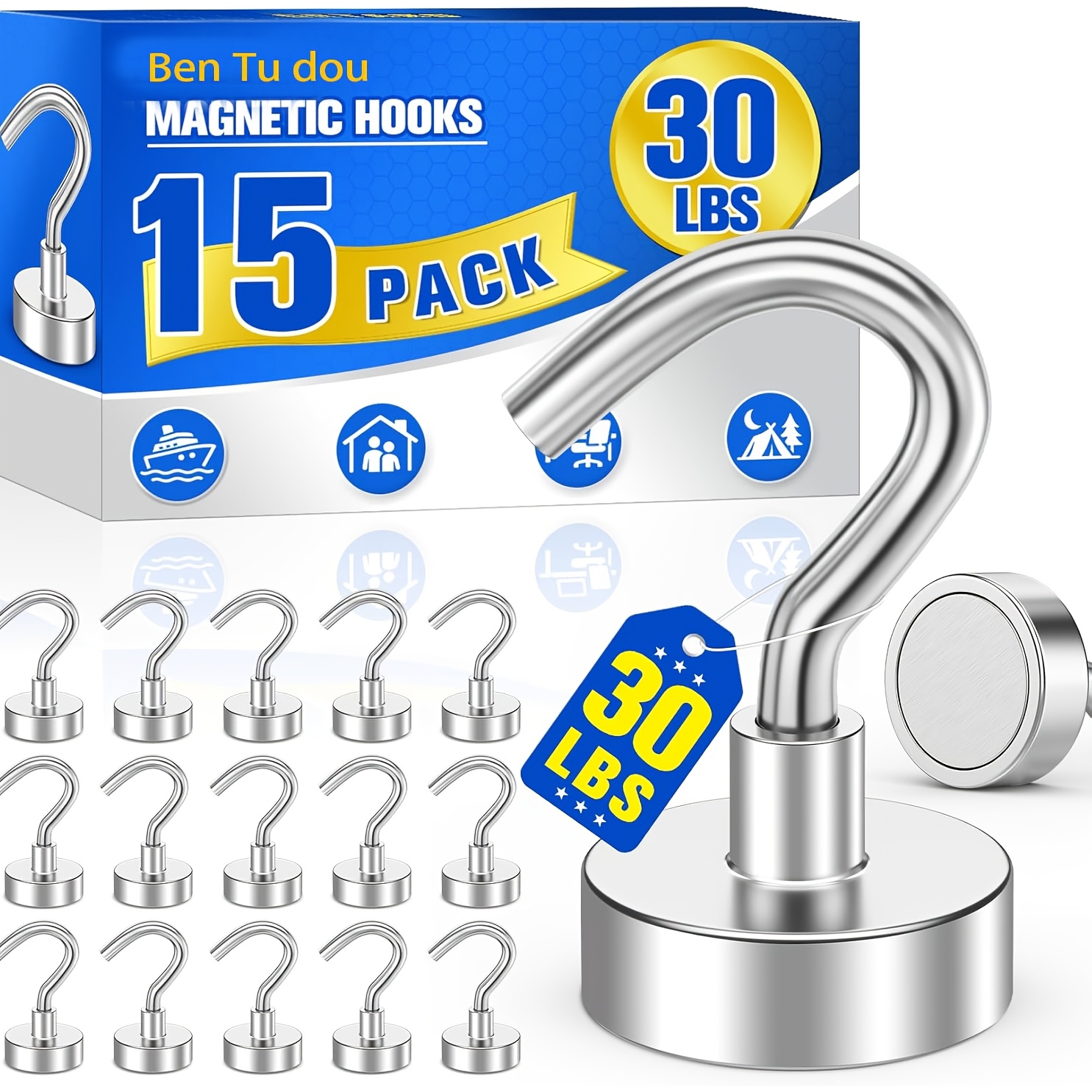 TEMU 15pcs Magnetic Hook Set, 30lbs Strong Neodymium Magnet Hooks Heavy Duty, Magnetic Hooks For Cruise Ship Cabin, Hook Metal Magnets For