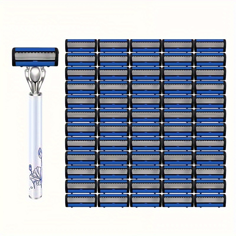 

60pcs Stainless Steel Safety Blades, 6-layer Manual Shaving For Men And Women, Beard And Mustache Hair Removal, Blue And White Porcelain Handle