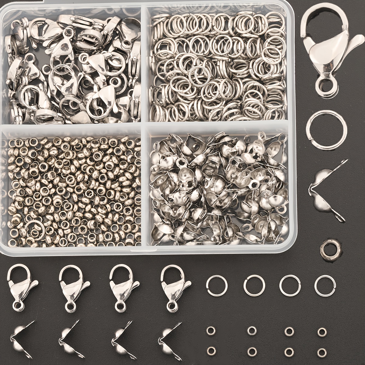 E-shop 370-teiliges Set/Box Edelstahl-DIY-Schmuckzubehör, inklusive 20 Karabinerhaken, 200 Sprungringe, 50 Doppelschlaufen-Ösen, 100 Abstandsperlen.