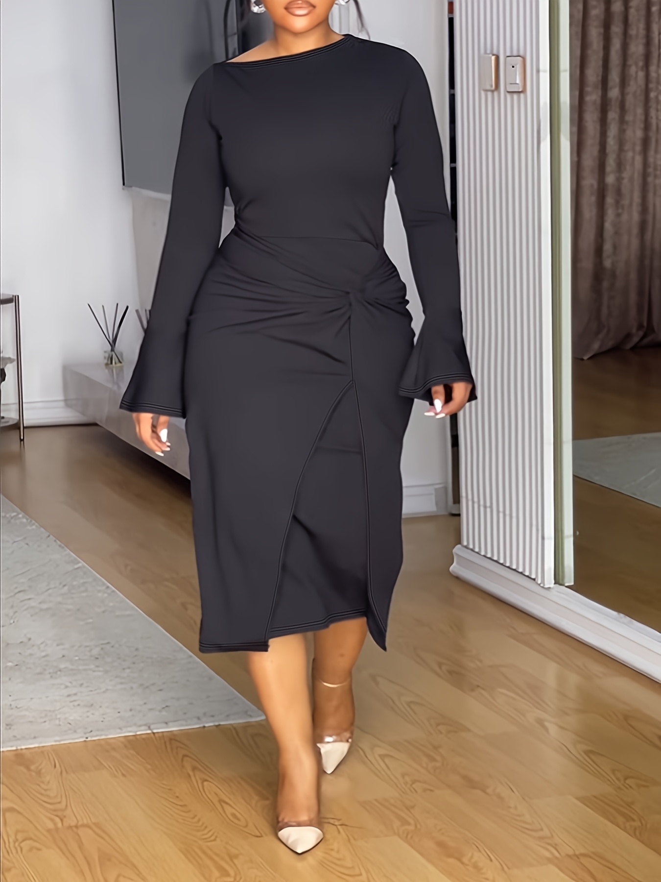 Plus Size - Plus Size - Elegant Directional Asymmetrical Pleated Slit Dress with Notch Collar And Solid Color for Professional Commute