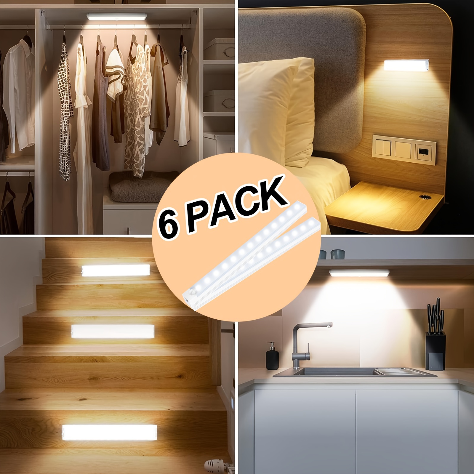 

6pcs Motion Sensor Led Light, Batteries Under Cabinet Light, Magnetic Closet Light Stick Anywhere, Suitable For Closet, Cupboard, Safe, Hallway, Staircase, Kitchen, Pantry