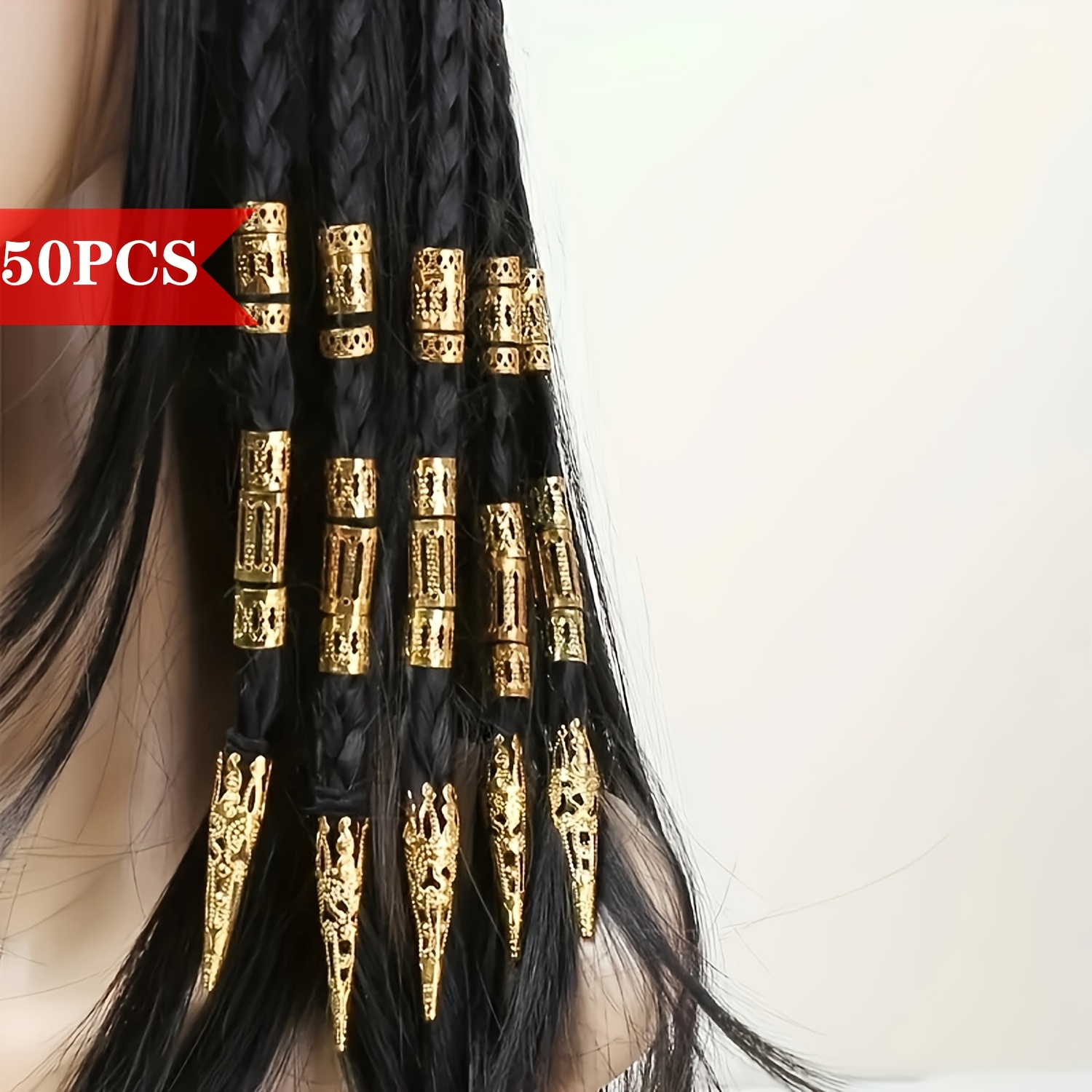 Image of 50pcs Golden Hollow Hair Rings For Braids, Metal Vintage Hair Sleeve Pins For Women's Braided Hairstyle Accessories