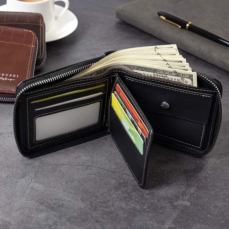 

1pc Men's Fashion Business Multifunctional Zipper Purse, Casual Pu Leather Braided Multifunctional Solid Card Holder